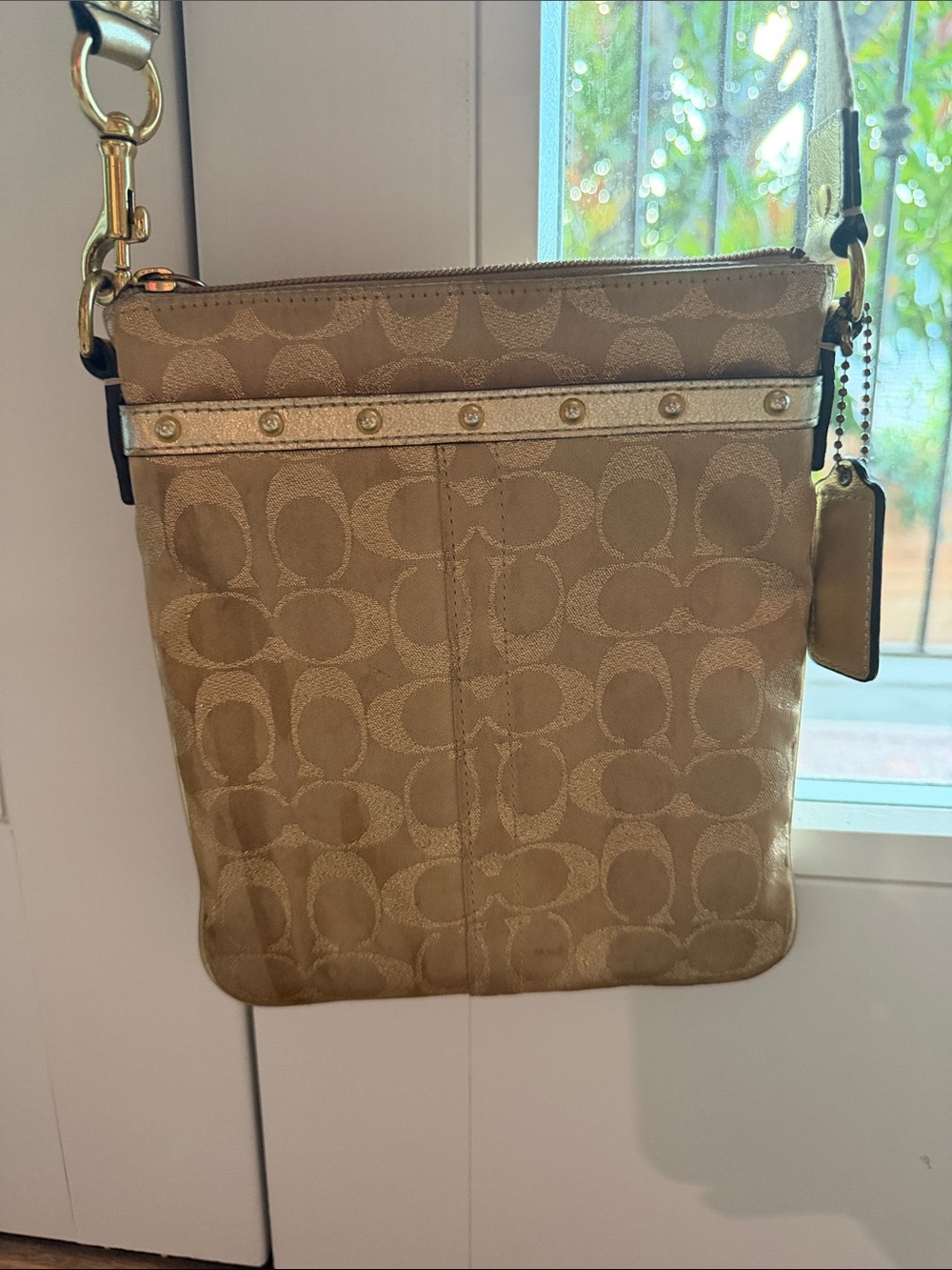 Coach Gold Signature Jacquard Crossbody with Metallic Trim